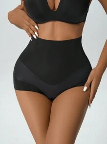 Women High Waisted Solid Color Shaping Briefs - Black - View 3