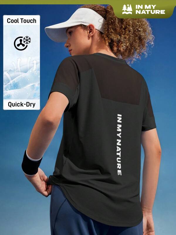 In My Nature Damska koszulka z okrągłym dekoltem i krótkim rękawem, modny nadruk liter, dopasowany krój, swobodny, sportowy T-shirt na zewnątrz i podkoszulek, piesze wycieczki, odzież damska