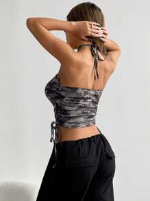SHEIN Unity Women's Summer Camo Rhinestone Embellished Crisscross Halter Neck Tank Top - Multicolor - View 2