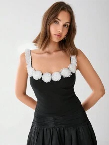 Enchnt Camiseta de mujer elegante con decoración floral 3D, verano