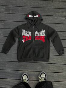 Manfinity EMRG Back To School Men Letter Graphic Zip Up Drawstring Hoodie - Black - View 1