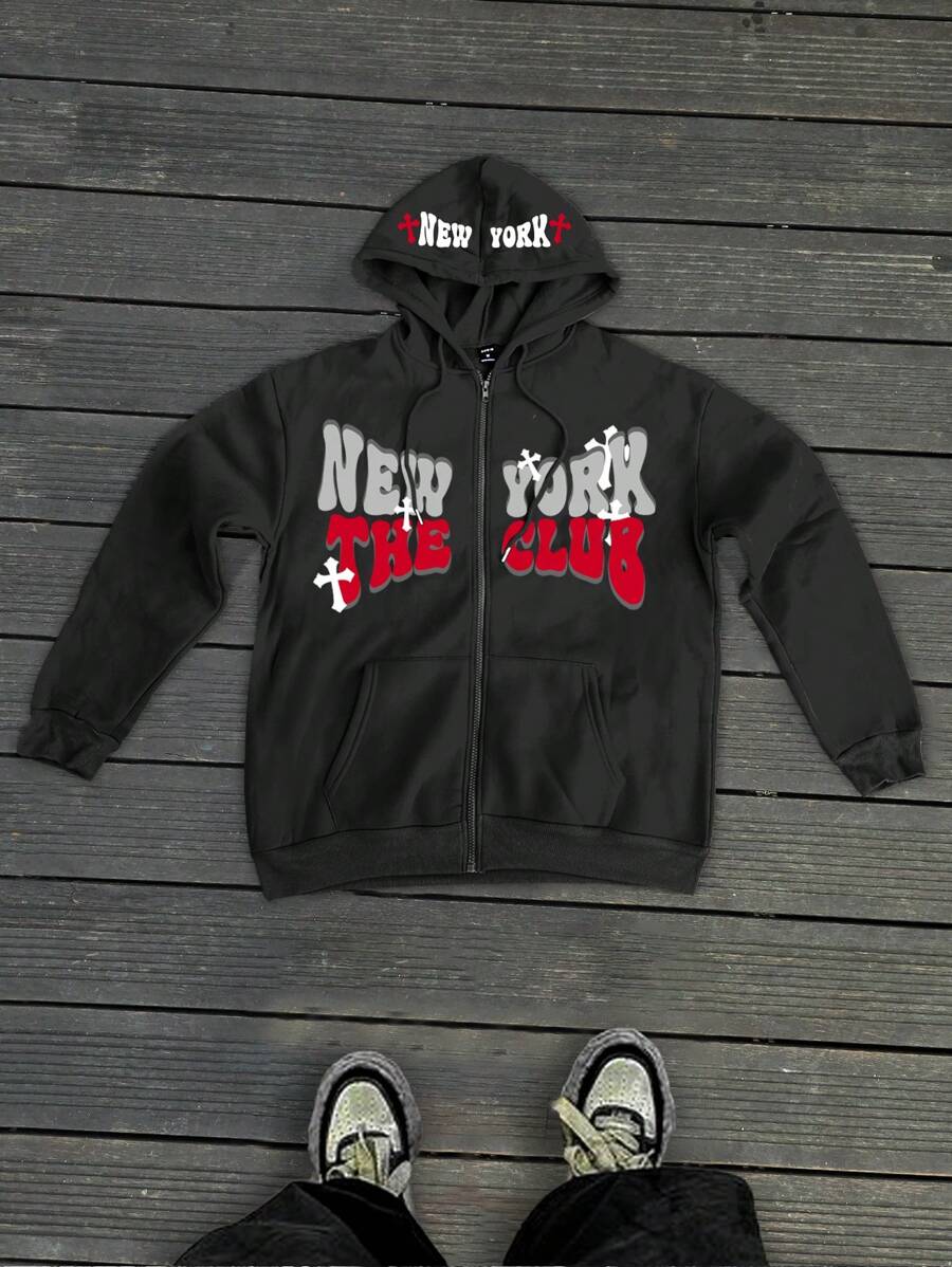 Manfinity EMRG Back To School Men Letter Graphic Zip Up Drawstring Hoodie - Black - View 1