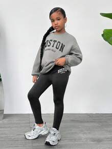 SHEIN Leap Crew 2 件 Tween 女童字母图案针织运动衫和裤子运动休闲套装