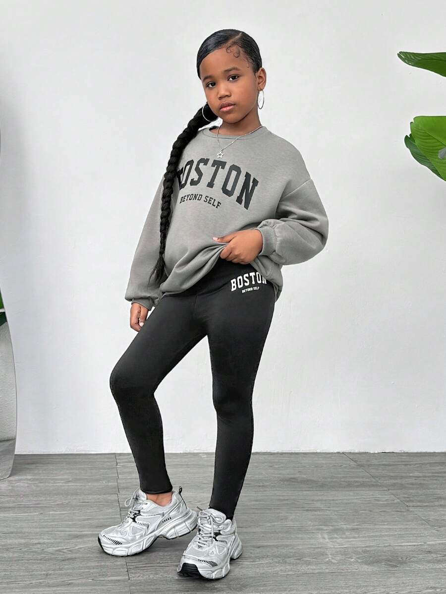 SHEIN Leap Crew 2 件 Tween 女童字母图案针织运动衫和裤子运动休闲套装