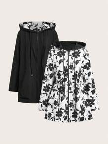SHEIN Clasi Women's Reversible Windbreaker Jacket, Black & White Floral Print On One Side, Solid Color On The Other Side, Autumn/Winter  Fall Outfits Essentials Hoodie