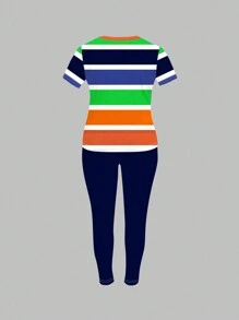 Maweii 2pcs Plus Size Fashion Colorful Striped Print T-Shirt And Leggings Casual Summer Set - Multicolor - View 2