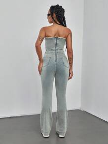 复古后拉链吊带牛仔连体裤，休闲装 - 淺色水洗藍 - 查看 2