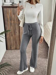 SHEIN LUNE 灰色喇叭针织毛衣裤，秋冬保暖 - 灰色 - 查看 4