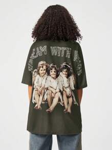 SHEIN EZwear T-shirt ample de couleur unie pour femmes avec portrait imprimé à l'arrière, ÉQUIPE AVEC DES AILES - Noir - Voir 4