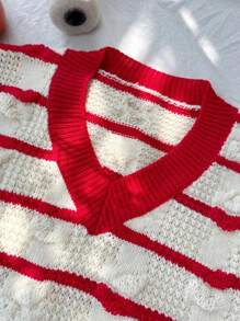 Zolique New Striped V-Neck Red And White Color Embossed Jacquard Simple Vest, Fall/Winter - Red and White - View 5
