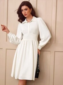 Vintamour Eleganckie damskie ubrania biurowe w stylu vintage, dopasowana koszula z kołnierzykiem, biała sukienka koszulowa z długim rękawem, letnia/jesienna sukienka dla gości weselnych, sukienki na powitanie, eleganckie sukienki midi dla kobiet, renesansowy jarmark, sukienka na Święto Dziękczynienia, ubrania dla kobiet biznesowych, sukienka na przyjęcie herbaciane, sukienka do kolan, koreańska moda, stare pieniądze, biznesowy casual dla kobiet