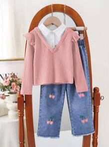 SHEIN Set 2pcs/Set untuk Anak Perempuan: Kaos Vintage 2 in 1 & Celana Jeans Denim Bordir Cherry - MultiWarna - View 3