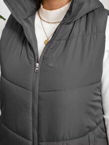 SHEIN Frenchy 大码女式纯色拉链领休闲连帽加厚背心夹克，冬季 - 灰色 - 查看 6