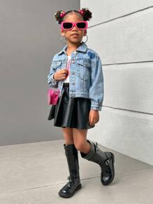 SHEIN Explorewe Young Girls Washed Light Blue Denim Jacket With Heart Shadow Design, Casual & Fashionable - Medium Wash - View 10