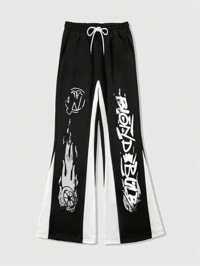 Street Life Pantaloni della tuta a zampa d'elefante da uomo con stampa a contrasto a lettere e patchwork