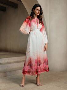 Anewsta Vestido francés elegante con mangas de linterna de manga larga, cintura media y diseño impreso de efecto ahuecado