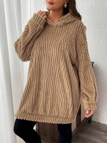 SHEIN LUNE 2 件大码纯色长袖连帽衫和裤子休闲套装冬季服装 - 卡其色 - 查看 11