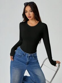 SHEIN PETITE Solid Long Sleeve Slim Fit White T-Shirt Bodysuit - Black - View 4