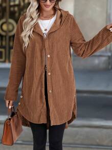 SHEIN LUNE Women's Textured Striped Long Sleeve Hooded Regular Jacket, Fall & Winter - Coffee Brown - View 7