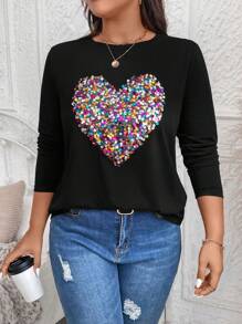 EMERY ROSE Plus Size Casual T-Shirt With Sequin Heart Decor, Spring & Autumn Winter Clothes - Black - View 4