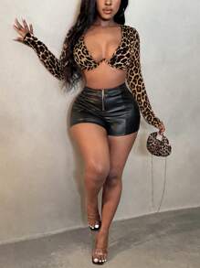 SHEIN SXY Women's Leopard Print Cropped Long Sleeve Top Fall Winter  Elegant Date Night Party Sexy Leopard Print - Brown - View 5