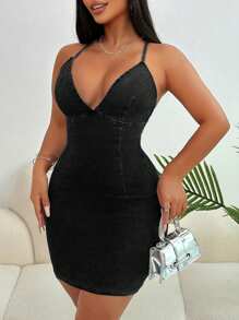 SHEIN SXY Gaun Mini Denim Wanita Seksi Tanpa Punggung dengan Leher Halter, Musim Panas - Hitam - View 4