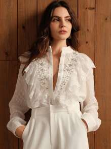 Anewsta Embellished Lace Panel Ruffle Hem Pearl Bead Embroidered Voile Blouse Women Shirt