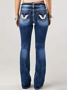 Women's Embroidered Denim Flare Pants With Pockets - 深色水洗藍 - 查看 2