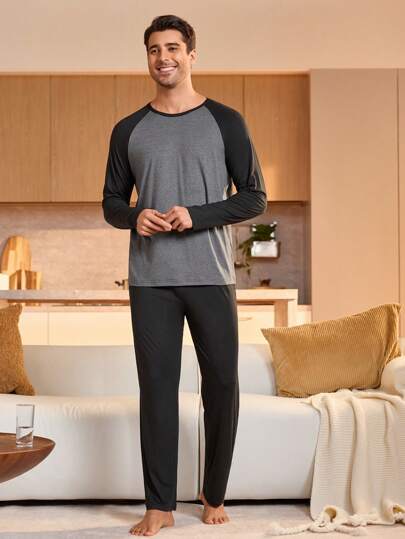 2pcs Men Solid Color Patchwork Crew Neck Long Sleeve Shirt And Pants Loungewear Set, Fall Winter Clothes