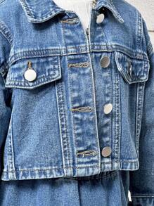 SHEIN 2pcs Young Girls Short Denim Jacket And Ruffle Trim Denim Skirt Set - Medium Wash - View 11