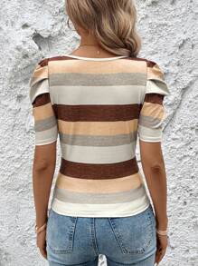 SHEIN LUNE Classic Colorful Striped Square Neck Puff Sleeve Women T-Shirt - Multicolor - View 2