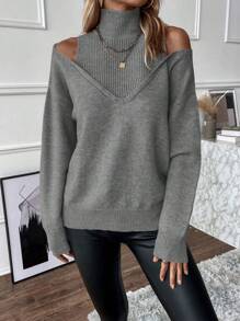 Chiquease Women's Solid Color Long Sleeve Casual Sweater For Autumn/Winter, Knit Pullover Fall - Dark Grey - View 7