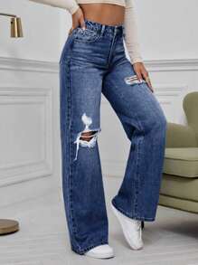 SHEIN EZwear 洗水牛仔高腰破洞阔腿牛仔裤 - 深色水洗藍 - 查看 5