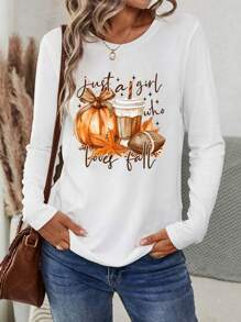 INAWLY Áo thun tay dài in hình quả bí ngô Halloween dành cho nữ, áo thu - trắng - Xem 4