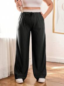 EURMUSE Plus Size Color Block High Waisted Vertical Stripe Pants - Black - View 1