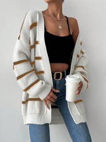 SHEIN Women's Casual Loose Contrast Stripe Open Cardigan, Autumn
