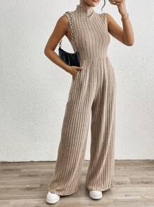 Rafferiza Women's Thick Turtleneck Sleeveless Fluffy Wide Leg Jumpsuit, For Autumn And Winter - Khaki - View 4