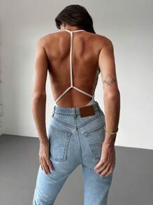 Aloruh Minimalist Commuting Young Lady Strappy Open Back Fitted Bodysuit In Apricot - White - View 5