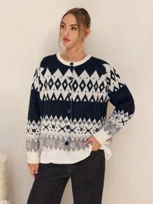 Forever 21 New Arrival Round Neck Open Front Fair Isle Pattern Loose Casual Warm Sweater Jacket For Autumn And Winter Renaissance Vintage Halloween Christmas Homecoming Winter Women Coat Homecoming Game Day Work Birthday Shop - Multicolor - View 5