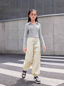 SHEIN Tween 女童休闲宽松舒适 Polo 领长袖 T 恤和哈伦裤 2 件套 - 彩色 - 查看 7