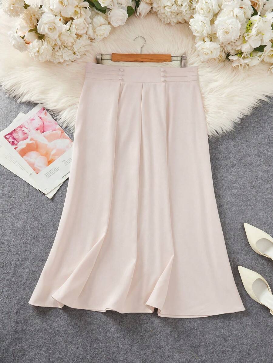Mulvari Plus Size Elegant Solid Color Skirt, Spring/Summer - Apricot - View 1