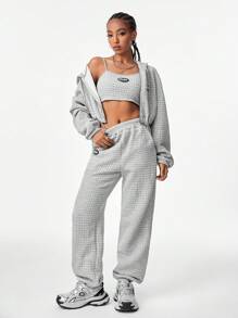 Muchica 3pcs Women's Fall And Winter Y2K Homecoming Hip-Hop Rapper Athleisure Streetwear Casual Back To School Athleisure Sportswear Waffle Knit Textured Keep Warm Stretchy Thermal Grey Cropped Tank Top&Sweatshirt&Sweatpant Hoodies Set For Holiday And New Year Eve