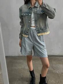 DAZY 女式春秋休闲拼接下摆牛仔夹克