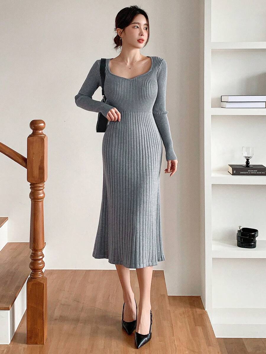 DAZY Women's Solid Color Sweater Dress With Ruffle Hem, Long Sleeve, Elegant Fitted, For Autumn & Winter,Fall Women Clothes - Grey - View 1