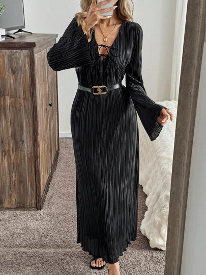 SHEIN LUNE Black Casual French Knot Dress For Women, Autumn/Winter