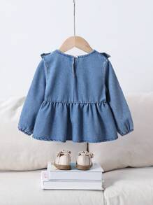 SHEIN Infant Girls' Blue Denim Cute Bowknot Ruffled Collar Blouse - Medium Wash - View 2