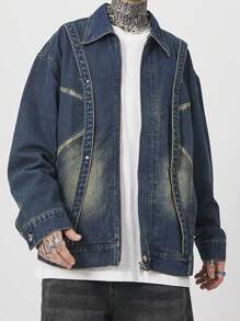 Manfinity EMRG 男士长袖翻领简约牛仔夹克，休闲日常穿着 - 藍色 - 查看 4