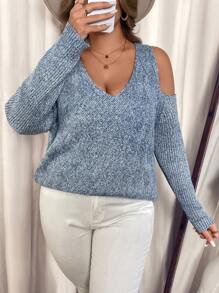 SHEIN Clasi Áo chui đầu Casuar mùa đông cỡ lớn, thích hợp cho các chuyến đi chơi, mua sắm, tụ tập, ăn trưa, hẹn hò và ngày lễ. Áo len cổ chữ V hở vai gợi cảm thiết kế khoét sâu nhiều màu bằng sợi móc - Màu xanh bụi bặm - Xem 5