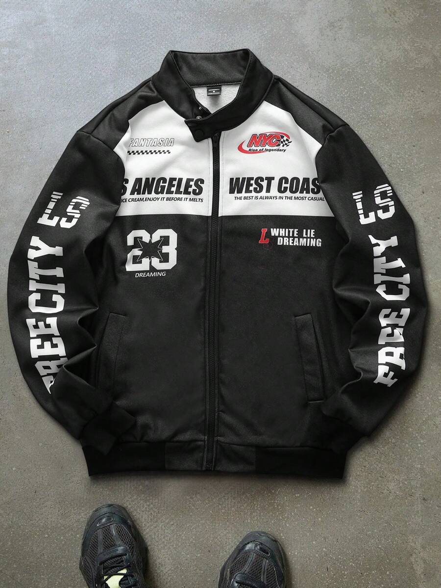 Manfinity EMRG Men's Casual Colorblocked Letter Printed Long Sleeve Jacket, Spring & Fall Going Out Street Wear Racing Jacket Black Biker Jacket, For Friends, Husband, Boyfriend Gifts - Black - View 1