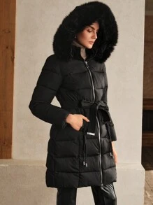 Anewsta Áo khoác đệm đơn sắc có khóa kéo phía trước bằng vải chắp vá mềm mại - màu đen - Xem 4